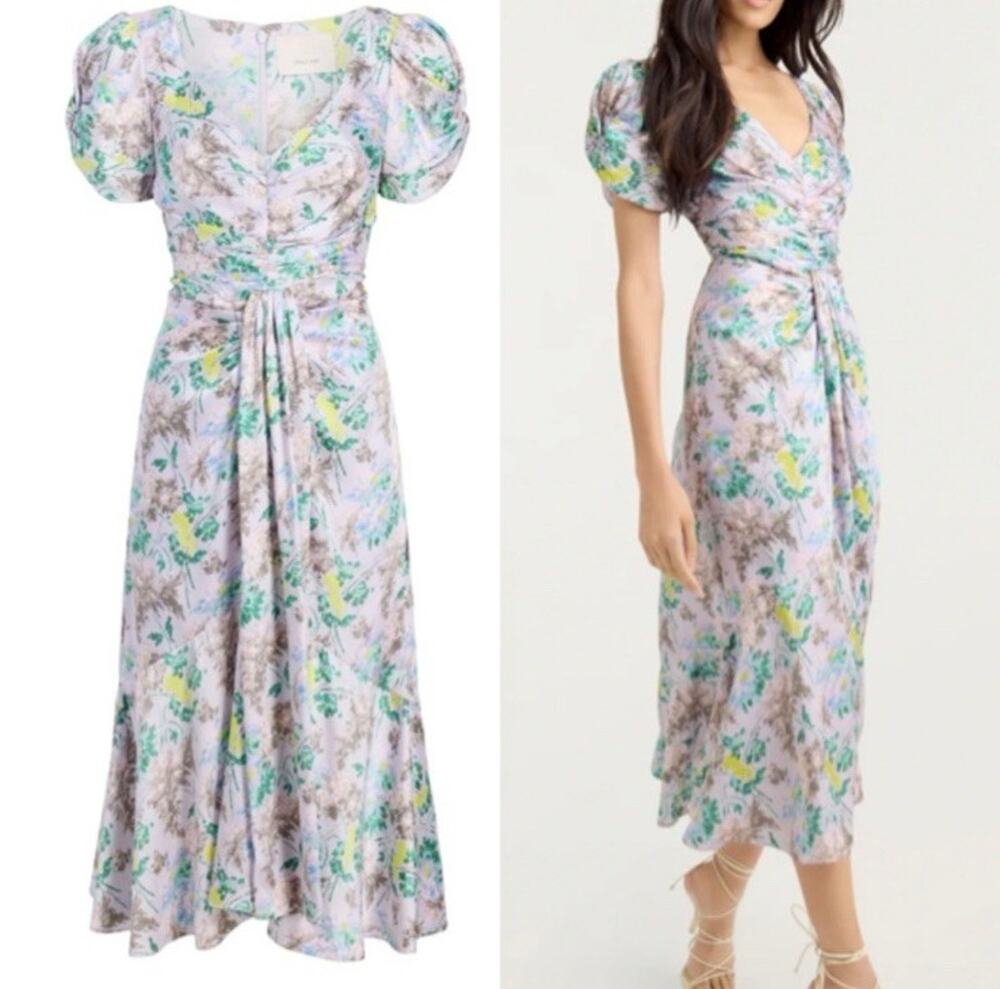 Cinq A Sept Light Washed Lilac Floral Walker Midi Dress Ruched Puff Sleeve 10